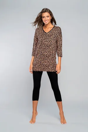 Italian Fashion Pyžamo Panther 3/4 rukáv, 3/4 nohavice - béžový/černý potisk