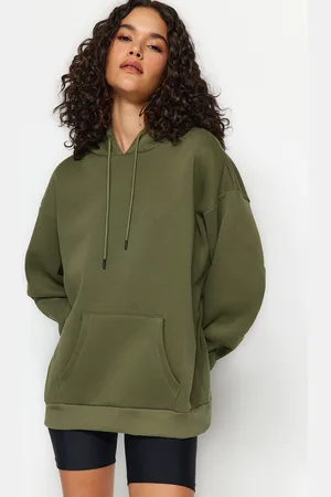 Trendyol Khaki Thick, Fleece Inside Oversize/Wide Fit With a Hooded Basic Knitted Sweatshirt