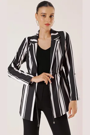 By Saygı Striped Longitudinal Drawstring Waist Folded Sleeve Jacket