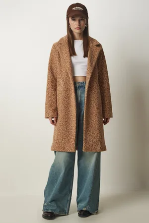 Happiness istanbul Štěstí İstanbul Dámský velbloudí dvouřadý límec Kapsa Boucle Coat