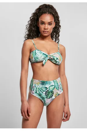 Urban classics Dámské bikiny s vysokým pasem se vzorem listové bílé