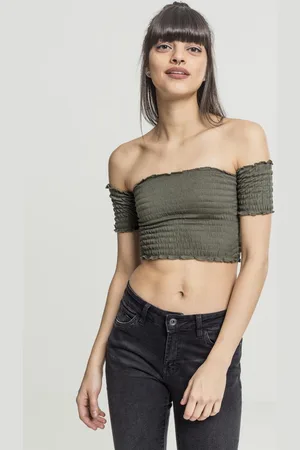 Urban classics Ladies Cropped Cold Shoulder Smoke Top olivový