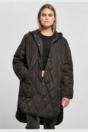 Urban classics Dámský oversized diamantový prošívaný kabát s kapucí černý