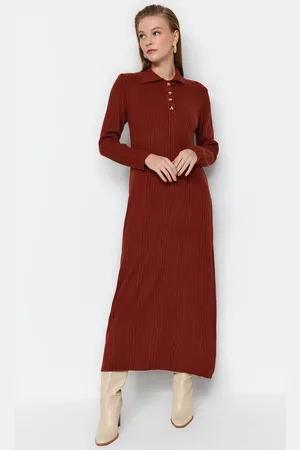Trendyol Tile Polo Collar Buttoned Relaxed Fit Rib Knit Dress