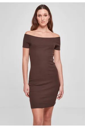 Urban classics Dámské šaty Off Shoulder Rib hnědé