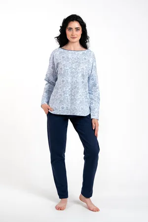 Italian Fashion Dámské pyžamo Gracjela, dlouhý rukáv, dlouhé kalhoty - potisk modrá/námořnická modř
