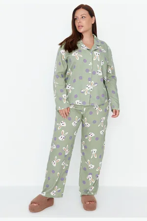 Trendyol Curve Mint Rabbit Printed Woven Pajamas Set