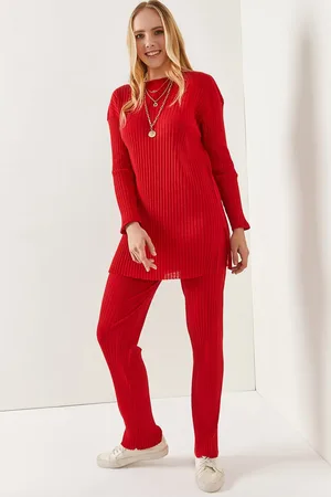 Olalook Dámský červený top s rozparkem, halenka, kalhoty Palazzo, manšestrový oblek
