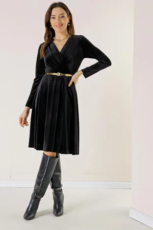 By Saygı Double Breasted Neck Lined Waist Belt Velvet Dress