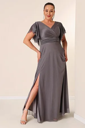 By Saygı Plus Size Dlouhé třpytivé šaty s dvouřadým límcem, drapováním a lnem