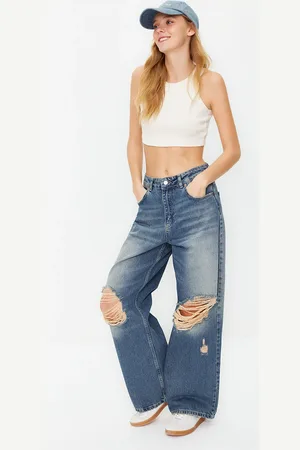 Trendyol Blue Pale Effect Vintage Ripped High Waist Wide Leg Jeans