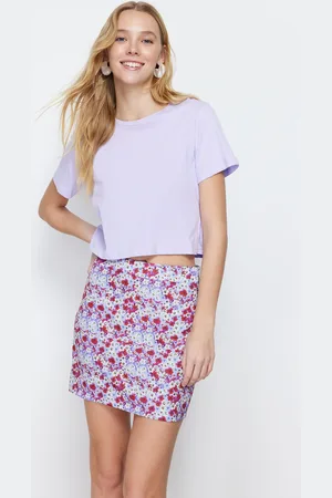 Trendyol Purple Flower Patterned Mini Length Woven Skirt