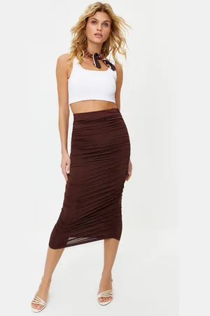 Trendyol Brown Gathered Body-Fitting Elastic Waist Lined Maxi Flexible Knitted Pencil Skirt