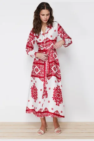 Trendyol Fuchsia Woven Satin Patterned Shirt Evening Dress