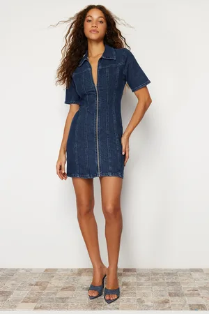 Trendyol Dark Blue Zippered Fitted Mini Denim Dress