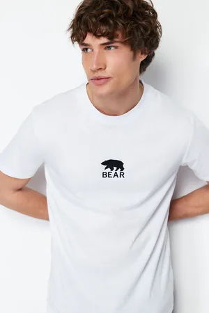 Trendyol White Regular Cut Bear/Animal Embroidered 100% Cotton Short Sleeve T-Shirt