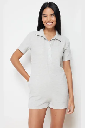 Trendyol Gray Waffle Button Detailed Shirt Collar Knitted Overalls