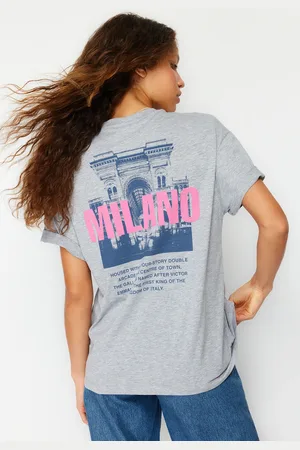 Trendyol Gray Melange Front and Back Printed Oversize/Wide Fit Crew Neck Knitted T-Shirt