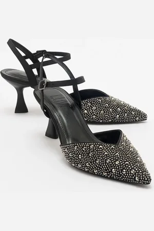 LuviShoes VİLKA Black Satin Stone Pointed Toe Thin Heeled Evening Shoes