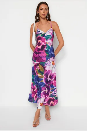 Trendyol Multicolored Flower Print Straight Cut Strap Midi Satin Woven Dress