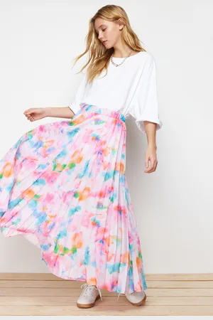 Trendyol Lilac Floral Pattern Pleated, Elastic Waist Woven Skirt