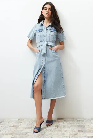 Trendyol Blue Belt Maxi Denim Dress