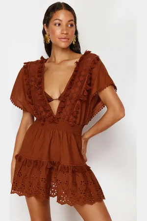 Trendyol Brown Mini Woven Embroidery Detailed 100% Cotton Beach Dress