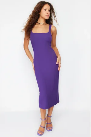Trendyol Purple Strappy Square Neck Fitted Fitted Flexible Midi Knitted Pencil Dress