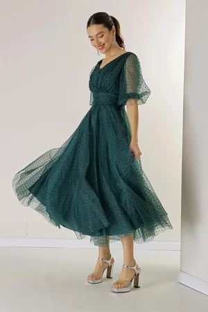 By Saygı Front Back V Neck Short Balloon Sleeve Lined Bud Pattern Silvery Dahya Fabric Dress