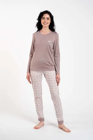 Italian Fashion Dámské pyžamo Juliana, dlouhý rukáv, dlouhé nohavice - cappuccino/potisk