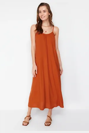 Trendyol Brown Shift/Straight Cut Viscose Strap Maxi Woven Dress