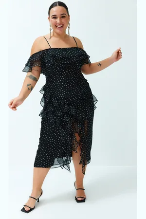 Trendyol Curve Black Polka Dot Ruffle Adjustable Strap Maxi/Long Length Woven Dress