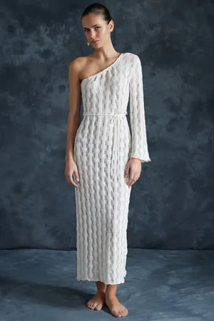 Trendyol Beige Belted Bodycon Knitwear Look One Shoulder Beach Dress