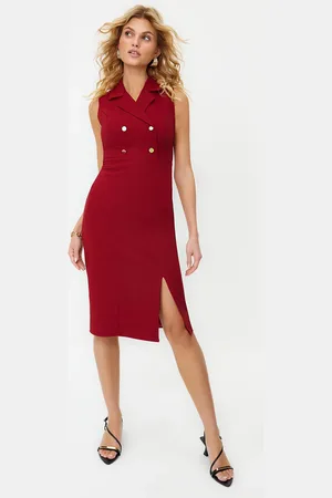 Trendyol Burgundy Fitted Button Detailed Slit Midi Pencil Skirt Woven Dress