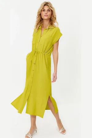 Trendyol Green Gathered Waist Pocket Detailed Aerobin Midi Woven Dress