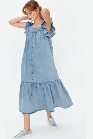 Trendyol Light Blue Ruffle Oversize Maxi Denim Dress