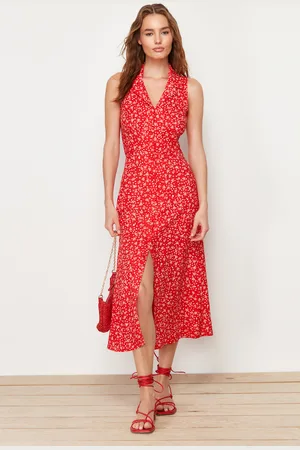 Trendyol Red Floral Viscose Midi Woven Dress