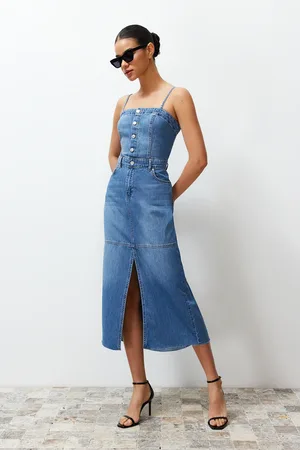 Trendyol Blue Slit Stitch Detail Strappy Maxi Denim Dress