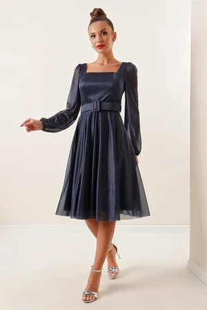By Saygı Square Neck Belted Balloon Sleeve Lined Lurex Dress