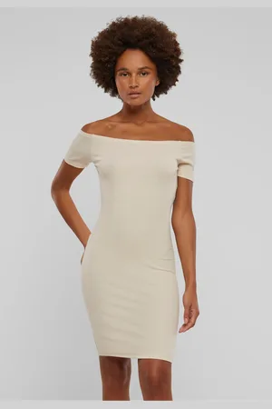 Urban classics Dámské šaty Off Shoulder Rib smetanové