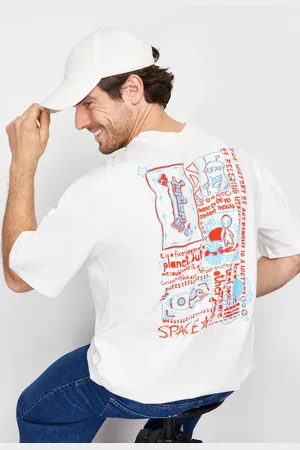 Trendyol Ecru Oversize/Wide Cut 100% Back Printed Short Sleeve T-Shirt