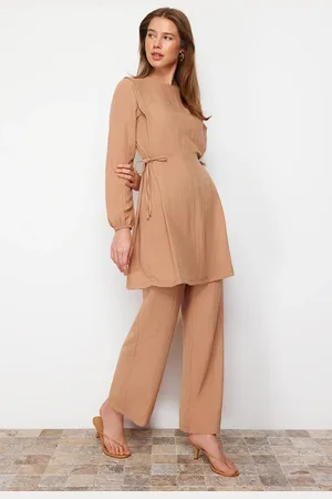 Trendyol Camel Eyelet Tie Detailed Aerobin Tunic-Pants Set