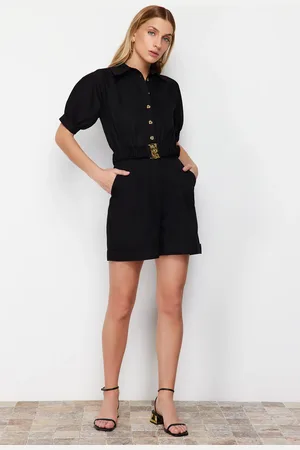 Trendyol černý kombinéza s páskem a límečkem, mini tkaná gabardénová.