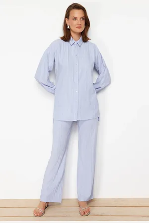 Trendyol Light Blue Long Back Wide Leg Shirt-Pants Weave Suit