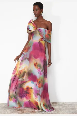 Trendyol Multicolored A-Line Lined Asymmetrical Neck Woven Chiffon Long Elegant Evening Dress