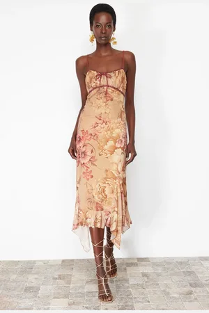 Trendyol Multicolored A-Line Floral Patterned Ruffle Knitted Tulle Dress