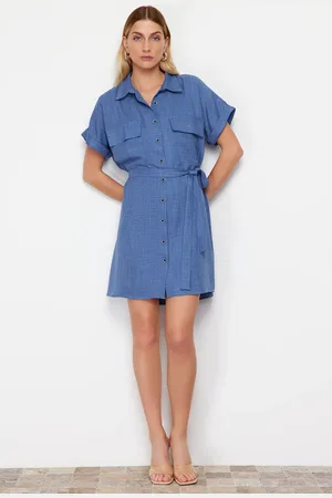 Trendyol Indigo Belted Pocket Detailed Mini Woven Shirt Dress