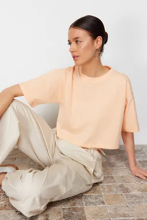 Trendyol Premium Peach Relaxed Fit 100% Cotton Crop Knit T-Shirt