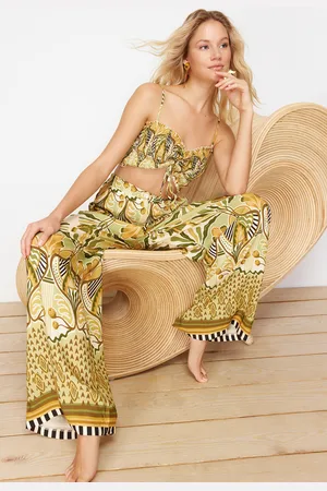 Trendyol Ethnic Patterned Woven Gipel Strapless Blouse Trousers Beach Suit