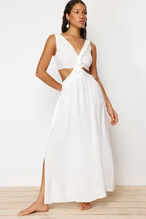 Trendyol Ecru Woven Tassel Cut Out/Window Maxi Beach Dress